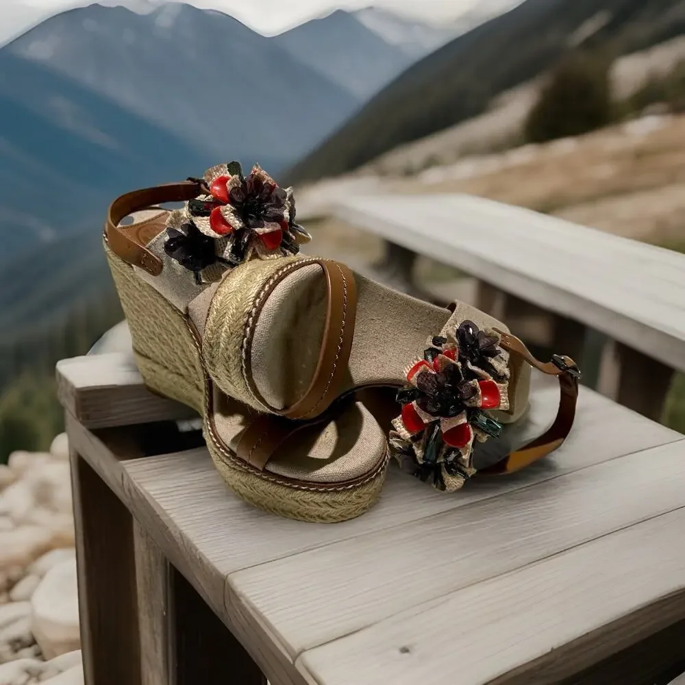 Tory Burch Canvas Leather Espadrille Wedge Sandal Size 8M Beige Brown